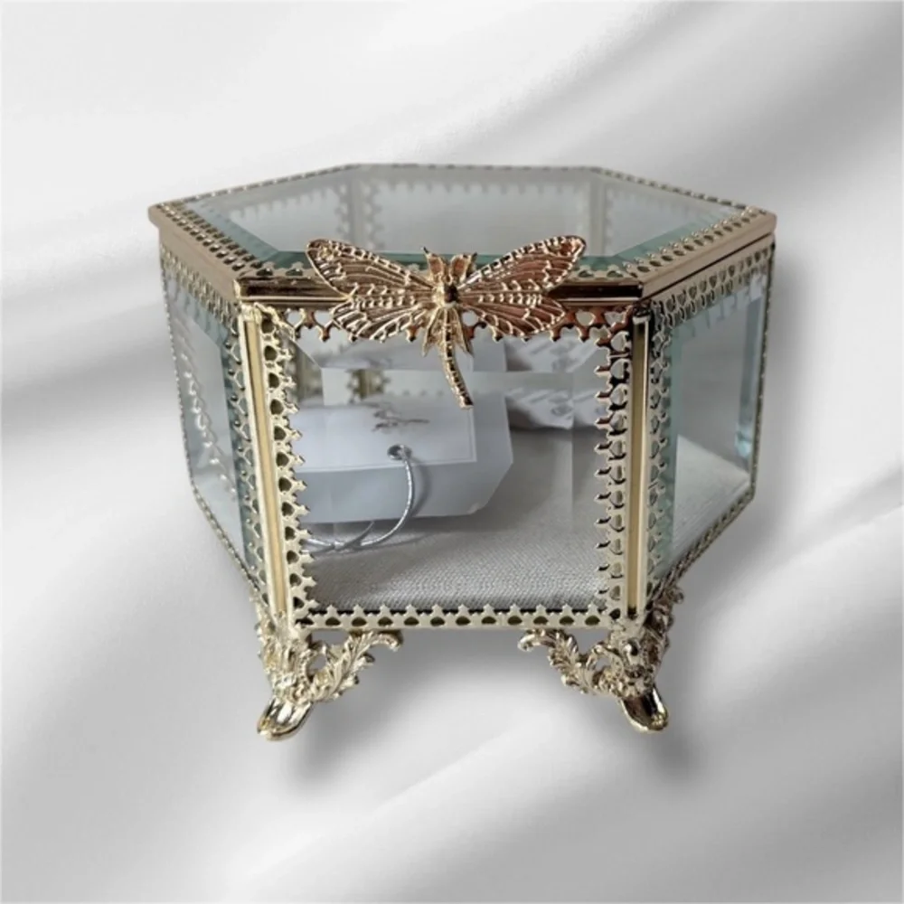 Antique style glass and gold filigree jewelry box